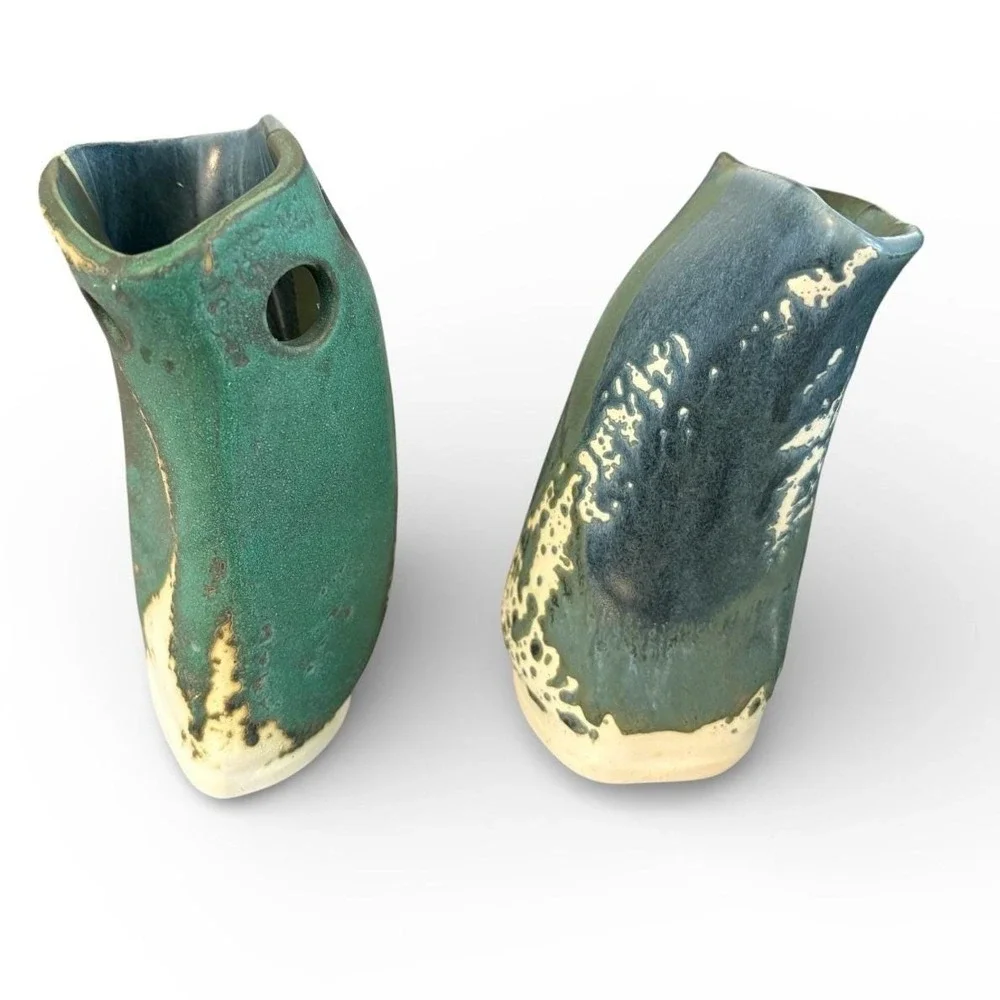 Dede Signed Studio Pottery Vases Set of 2 Teal Green Blue Glazed Stoneware